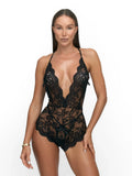 Black crotchless lace bodysuit with halter plunge neckline and floral embroidery