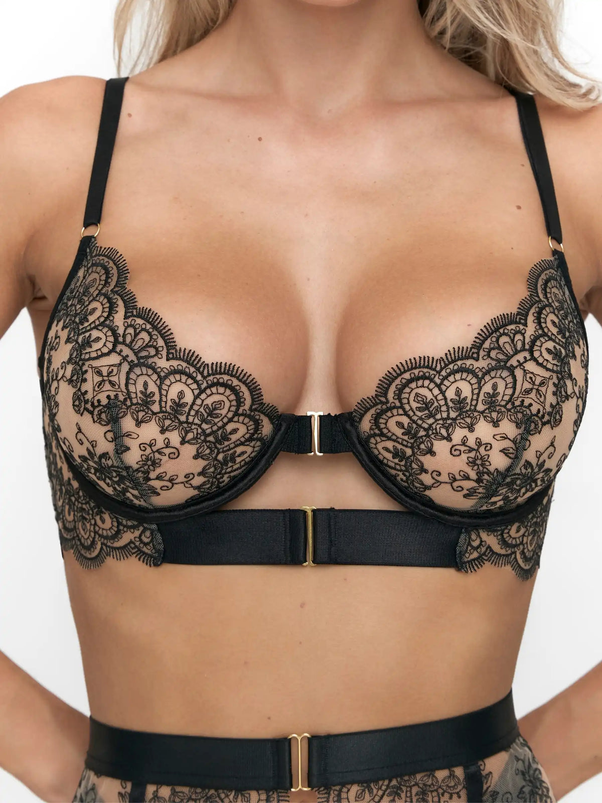 Black floral embroidered underwire bra and matching thong lingerie set