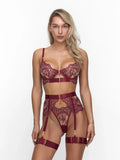 Burgundy lace lingerie set with garter belt, underwire bra and thong with floral embroidery