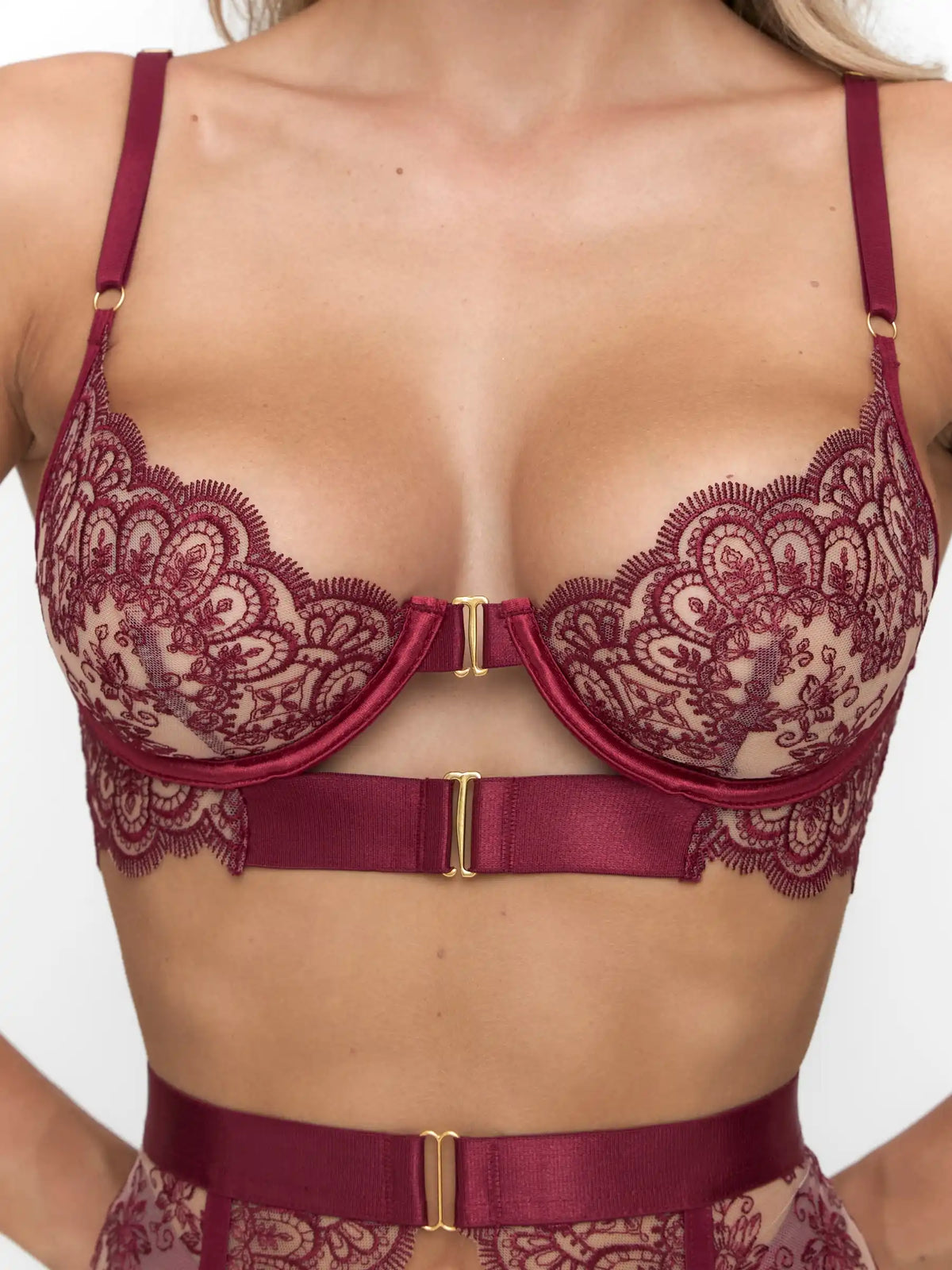 Burgundy floral embroidered underwire bra and matching thong lingerie set