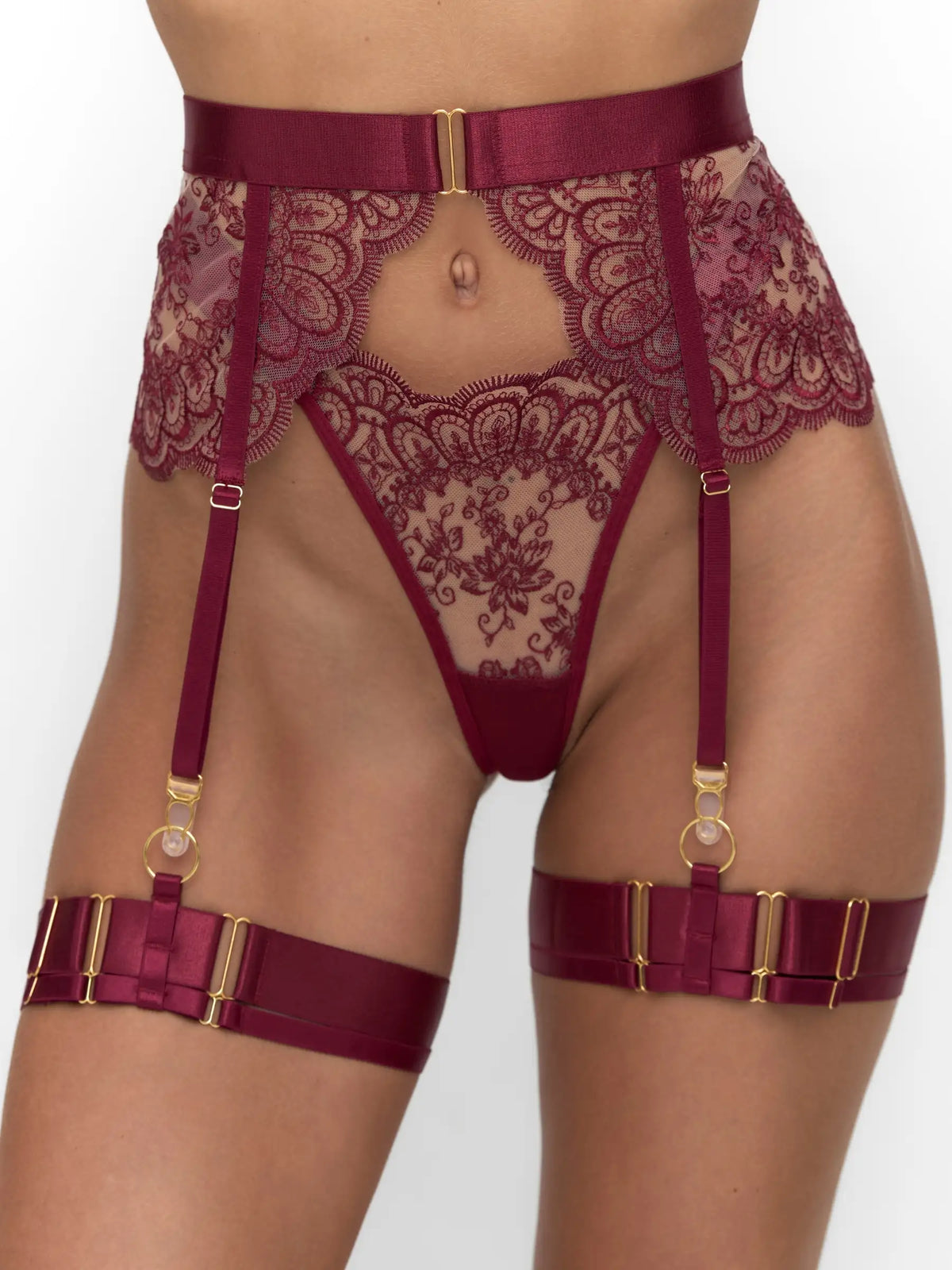 Burgundy 3-piece lace lingerie set with adjustable garter belt and leg straps