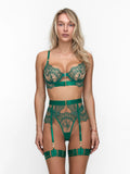 Green lace lingerie set with garter belt, underwire bra and thong with floral embroidery