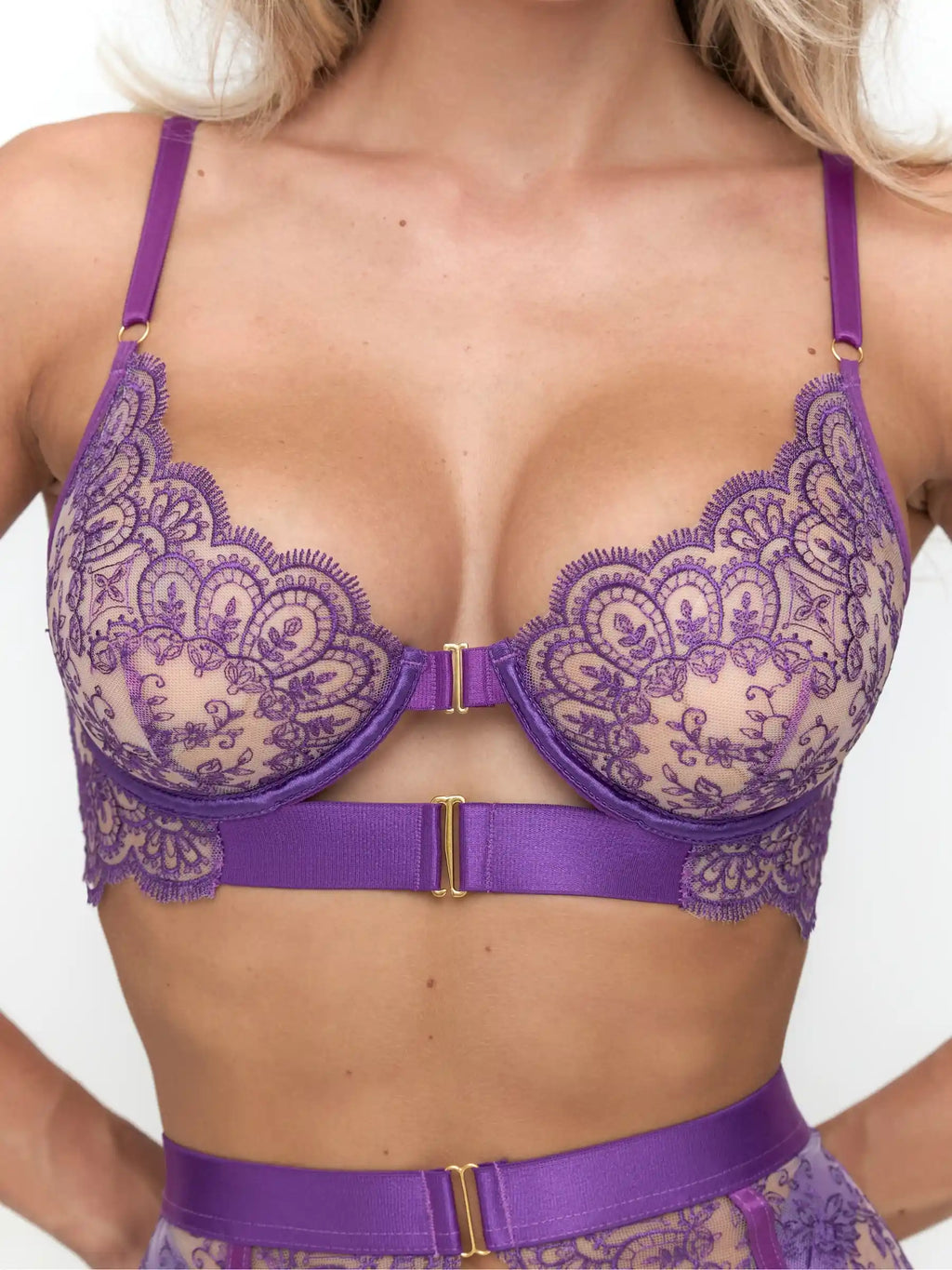 Purple floral embroidered underwire bra and matching thong lingerie set