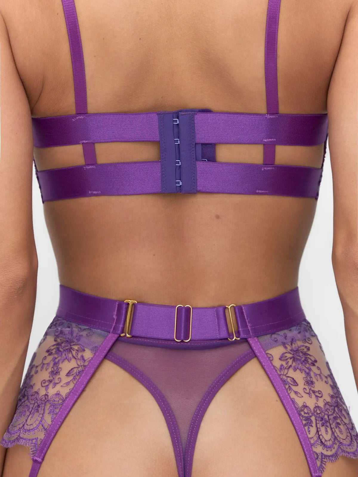 Purple strappy lingerie set with garter belt, sexy lace lingerie for women