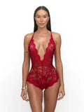 Red crotchless lace bodysuit with halter plunge neckline and floral embroidery
