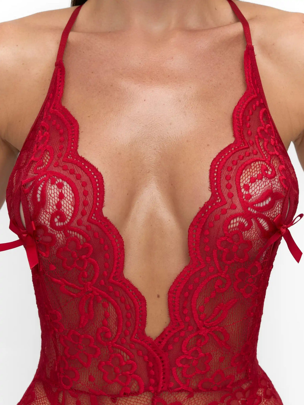Red lace bodysuit for women with deep plunge neckline and ribbon details
