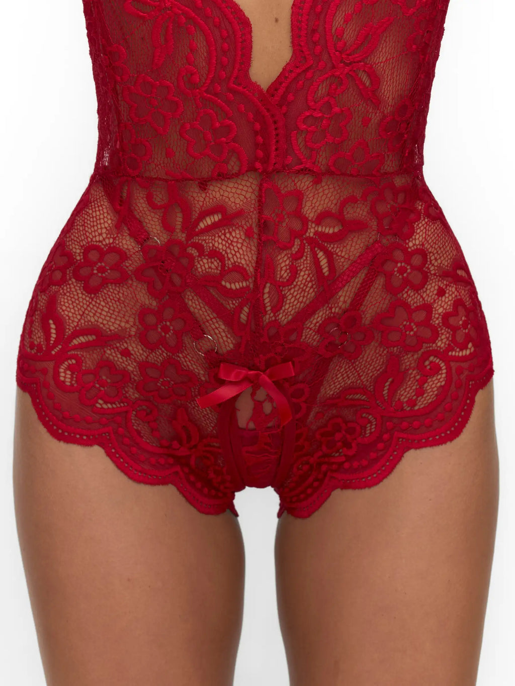 Red floral embroidered lace bodysuit, sexy lingerie in sizes S to 3XL