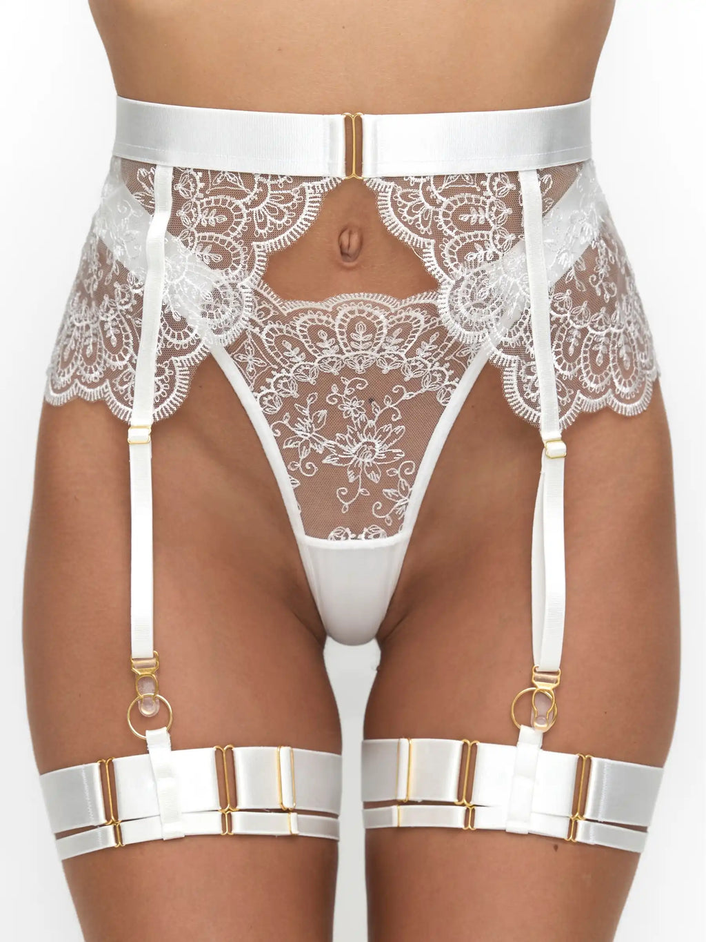 White 3-piece lace lingerie set with adjustable garter belt and leg straps